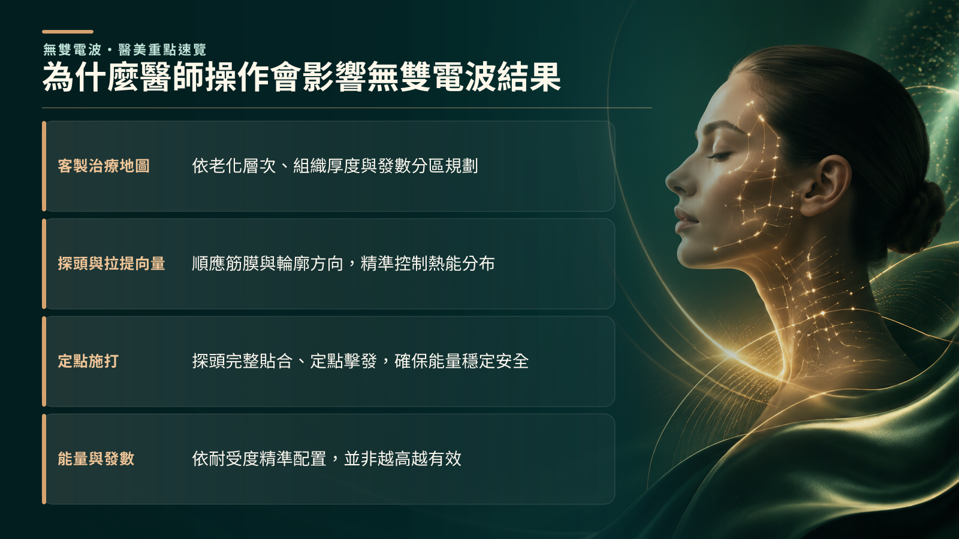 為什麼醫師操作會影響無雙電波結果,無雙電波的效果不只取決於儀器與發數，更仰賴醫師依臉部結構規劃能量、施打位置與拉提方向。 專業操作能精準加強鬆弛部位並避開風險區域，因此同樣療程也可能產生不同結果。