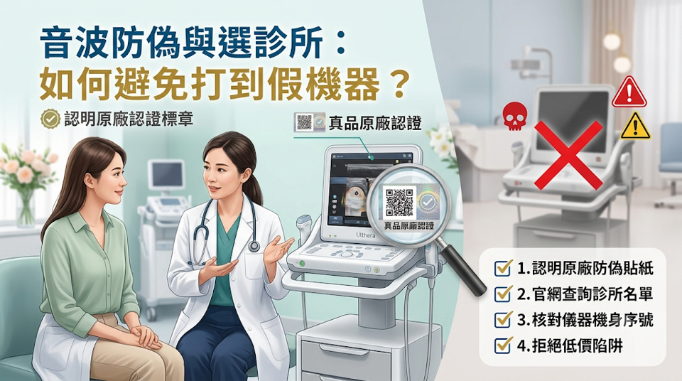 音波防偽與選診所:如何避免打到假機器?選診所時應在療程前現場核對機器型號、原廠認證、探頭包裝、防偽資訊與實際發數。 正規診所通常會主動配合查驗;若拒絕驗證、價格異常低廉或耗材來源不明,應提高警覺。